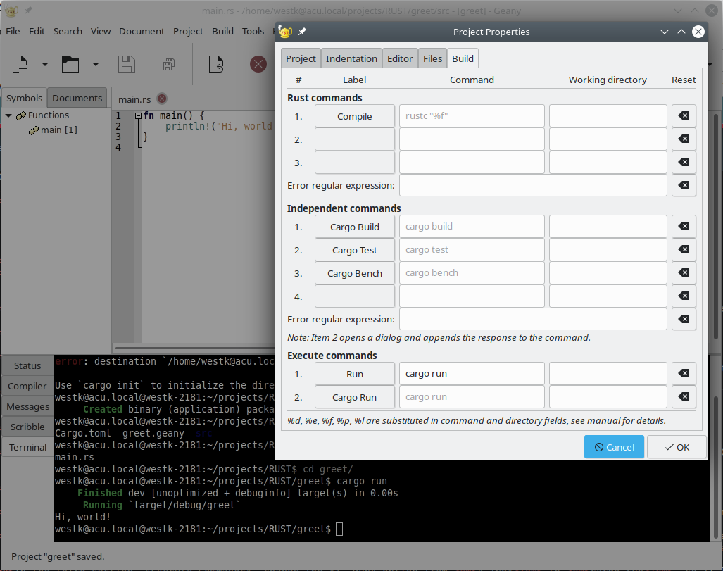 Geany window with Set Build Commands and Terminal